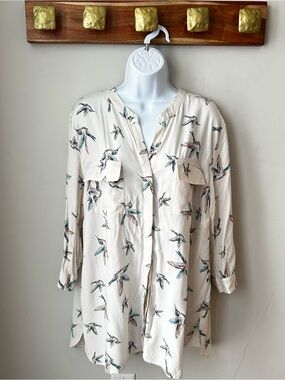 F&F Cream Tunic Hummingbird Blouse Coastal Grandma Oversized Resortwear